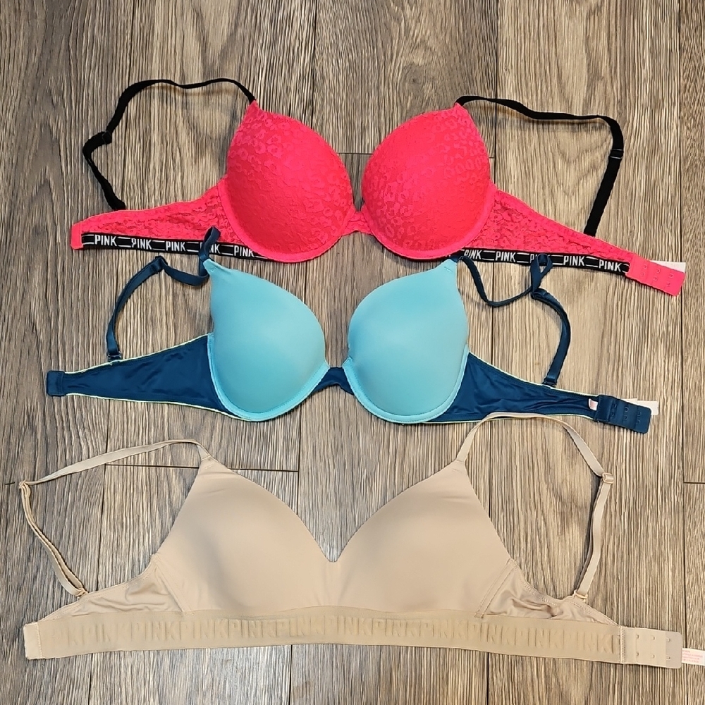 Set of Three Bras in Pink, Blue, and Beige
